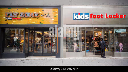 Fly Zone and Kids Foot Locker brands of Foot Locker store in Downtown Brooklyn in New York on Saturday, October 14, 2017. Foot Locker stock is trading at depressed value as investors lump the company in with other brick-and-mortar businesses. (© Richard B. Levine) Stock Photo