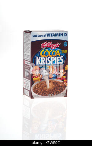 Unopened box of Kelloggs Cocoa Krispies breakfast cereal on white background USAl Stock Photo