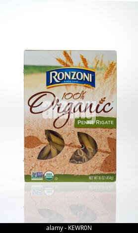 Unopened box of Ronzoni 100% Organic  Penne Rigate Semolina Wheat  pasta on white background cut out USA Stock Photo