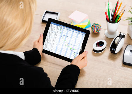 Close-up Of A Businesswoman Working On Gantt Chart On Digital Tablet On Office Desk Stock Photo