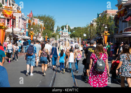 ANAHEIM, CA - OCTOBER 16, 2017: Disneyland's Main Street crowded with guests on a very busy day at the theme park. Stock Photo