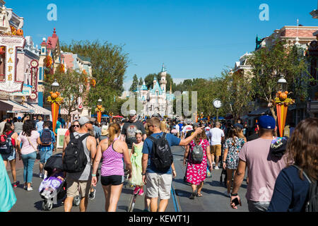 ANAHEIM, CA - OCTOBER 16, 2017: Disneyland's Main Street crowded with guests on a very busy day at the theme park. Stock Photo