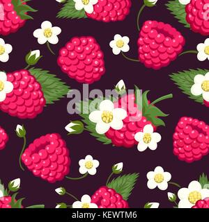 Raspberry seamless pattern. Colored ripe fresh wild berries with leaves and flowers background design for sweets and pastries, vector illustration Stock Vector
