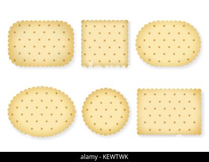 Biscuit crackers isolated on white background. Vector cartoon biscuits cookies of different shapes with cookie cracker texture Stock Vector