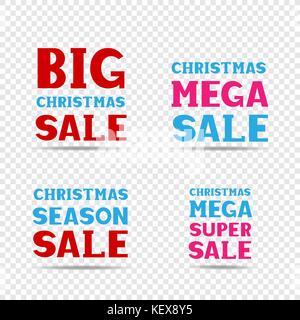 Christmas red pink and blue big mega super season sale message label set on transparent background. Business communication dialog or quote template co Stock Vector