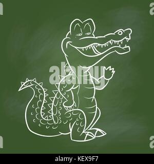 Hand drawing Crocodile Cartoon on textured green board. Education Concept, Vector Illustration Stock Vector