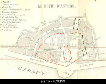 Antwerp 1st fortification with overlay of 19th century Construction of Scheldt quais Stock Photo