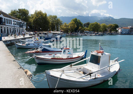 fishing boats in the harbour, on the water front in Limenas, Thassos Town, Thassos, Greece, Greek island, September, Stock Photo