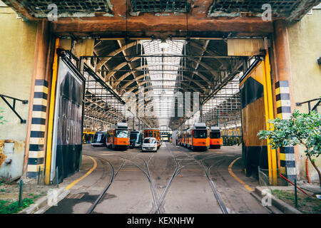 Tram depot in Milan, Italy Stock Photo