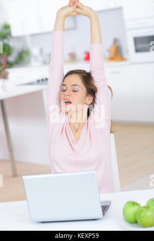 happy young woman stretching hands Stock Photo