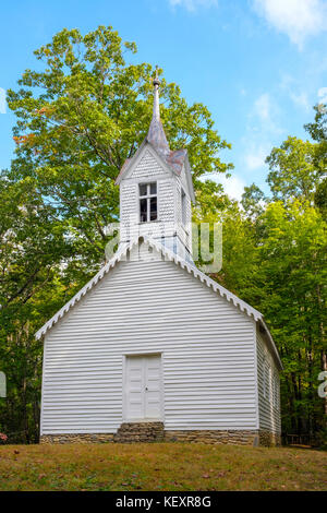 United States, North Carolina, Haywood County, Waynesville. Historic chapel in Little Cataloochee, Cataloochee Valley, Great Smoky Mountains National Park. Stock Photo