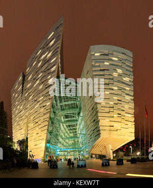 Night view of Guangzhou new library,Guangdong Province,China Stock Photo