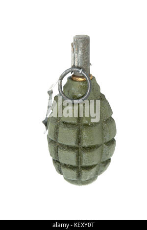 Soviet hand grenades (slang - pineapples) isolated over a white background.  Fragmentation hand grenade, very effective used during the Second World W Stock Photo