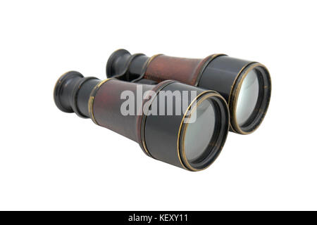 French binocular of 19 century with leather box. Was popular both by French civilian and the military. With path on black background. Used in WWI. Stock Photo