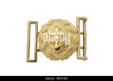 Germany at the Second World War.  Buckle of German Navy officer belt (Kriegsmarine). Brass with gilding. Paht on white background      Germany at the  Stock Photo