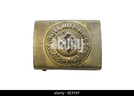 Germany at the Second World War. Only for historical purposes! Buckle of German Navy police (rank and file). Steel with bronzing. Path on white backgr Stock Photo