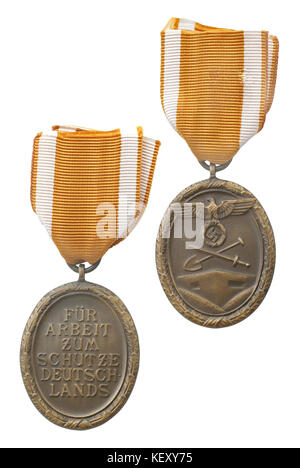 Only for historical purposes! Medal for work in Germany defence. (fortification building). Bronze. Path on white background. Stock Photo