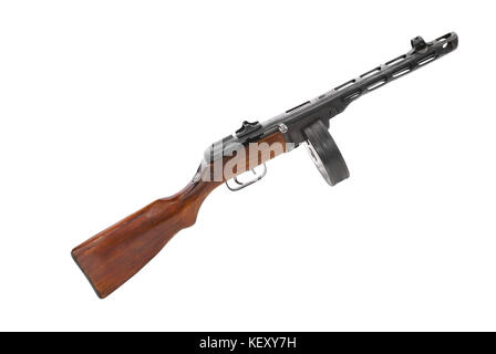 Famous Soviet (USSR) submachine gun - PPSH-41 (model of 1941). Very submachine gun with 71 ammunition in cartridge-drum - World War II period Stock Photo