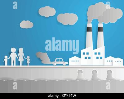 family with air and water pollution with factory paper art vector illustration Stock Vector