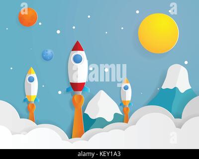rocket launcher startup business concept paper art style vector illustration Stock Vector