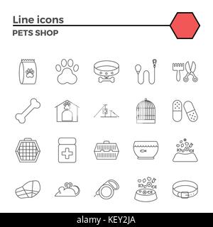 Pets Shop Thin Line Related Icons Set on White Background. Simple Mono Linear Pictogram Pack Stroke Vector Logo Concept for Web Graphics. Stock Vector