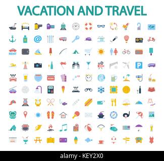 Vacation and travel icons set. Flat vector related icon set for web and mobile applications. It can be used as - logo, pictogram, icon, infographic el Stock Vector