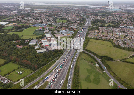 An aerial view of traffic congestion on the M25 heading from Junction 2 towards the Dartford Crossing Stock Photo