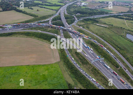 An aerial view showing traffic congestion at Junction 2 of the M25 London Orbital motorway Stock Photo