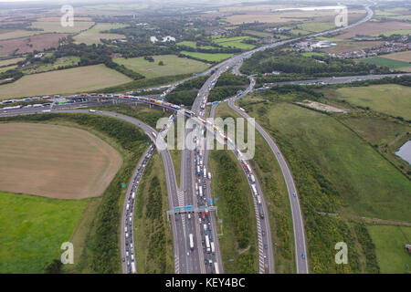 An aerial view showing traffic congestion at Junction 2 of the M25 London Orbital motorway Stock Photo
