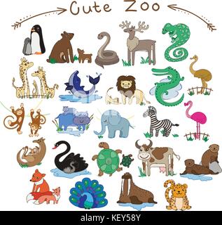 Collection of cute cartoon doodle animals and birds of the world. Vector set of illustrations Stock Vector