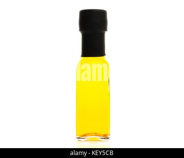 Hot Spicy olive oil glass bottle on white background. Different color home made hot sauce in glass bottles.  100ml square bottles. Isolated on white b Stock Photo