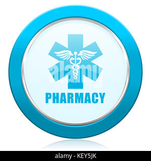 Pharmacy blue chrome silver metallic border web icon. Round button for internet and mobile phone application designers. Stock Photo