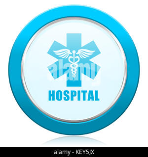 Hospital blue chrome silver metallic border web icon. Round button for internet and mobile phone application designers. Stock Photo