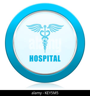 Hospital blue chrome silver metallic border web icon. Round button for internet and mobile phone application designers. Stock Photo