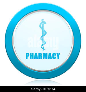 Pharmacy blue chrome silver metallic border web icon. Round button for internet and mobile phone application designers. Stock Photo