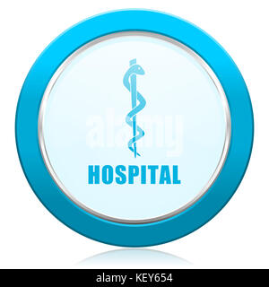 Hospital blue chrome silver metallic border web icon. Round button for internet and mobile phone application designers. Stock Photo