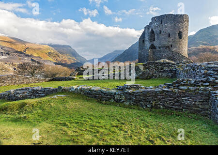 Remains of Dolbadarn Castle viewed from the west towards the Pass of Llanberis near Llanberis Gwynedd North Wales UK February 57471 Stock Photo