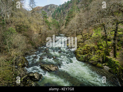 Afon (River) Glaslyn flowing through the Aberglaslyn Pass looking north from the bridge near Nantmor south of Beddgelert North Wales UK March 3609 Stock Photo