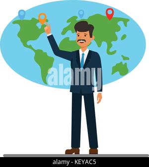 businessman pointing at global world map cartoon flat vector illustration concept on isolated white background Stock Vector