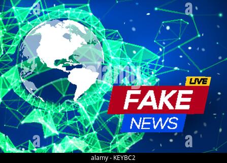 Fake News Live with World Map on Blue Glowing Plexus Structure Background. Business Technology News Background with Earth Planet. Abstract Geometric Network with Particles. Vector Illustration. Stock Vector