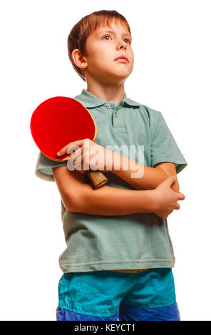 Boy athlete thoughtful player table tennis racket isolated on wh Stock Photo