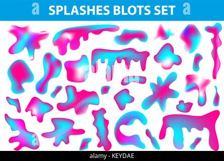 Neon liquid stains splashes set. Fluid streaks and divorces collection. Drops spots. Isolated on white background. Splashes blots. Vector illustration.