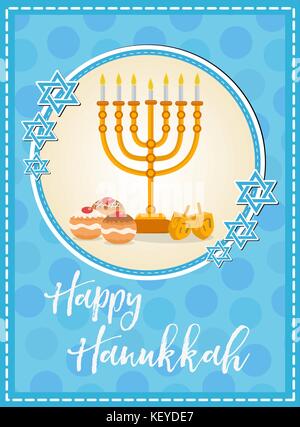 Happy Hanukkah greeting card, flyer, poster. Template for your invitation design. With menorah, sufganiyot, bunting, dreidel, coins, oil. Jewish holiday. Vector illustration. Stock Vector