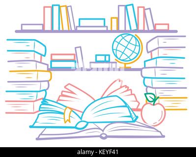 illustration of education in the form of a library with bookshelves and open books.  Icon in the linear style Stock Vector