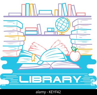 concept of education in the form of a library with bookshelves and open books.  Icon in the linear style Stock Vector