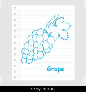 Illustration of Grape Cartoon on paper sheet with lines, Margin and holes-Vector illustration Stock Vector