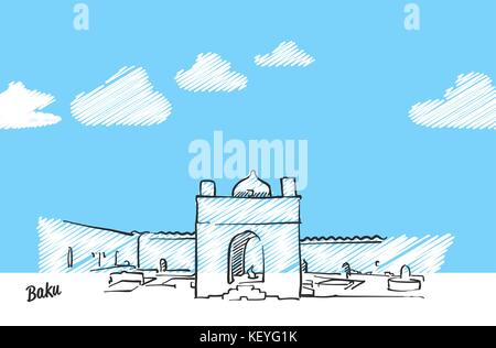 Baku, Azerbaijan famous skyline sketch. Lineart drawing by hand. Greeting card icon with title, vector illustration Stock Vector