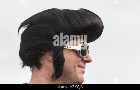 Elvis fans and tribute performers attend the 2017 Porthcawl Elvis Festival. The performers sing in the Best Festival Elvis Competition and perform showcases in the local pubs and hotels  Featuring: Atmosphere Where: Porthcawl, United Kingdom When: 23 Sep 2017 Credit: John Rainford/WENN.com Stock Photo