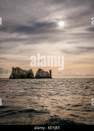 The Needles Lighthouse on the Isle of Wight, UK viewed when approaching by boat. Stock Photo
