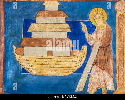 The biblical Noah and his ark, medieval wall-painting in Bjaresjo church, Sweden, November 6, 2009 Stock Photo